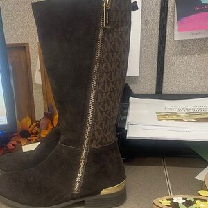 Michael Kors Dark Brown Suede Logo-Panel Knee Boots with Gold Heel Accent
